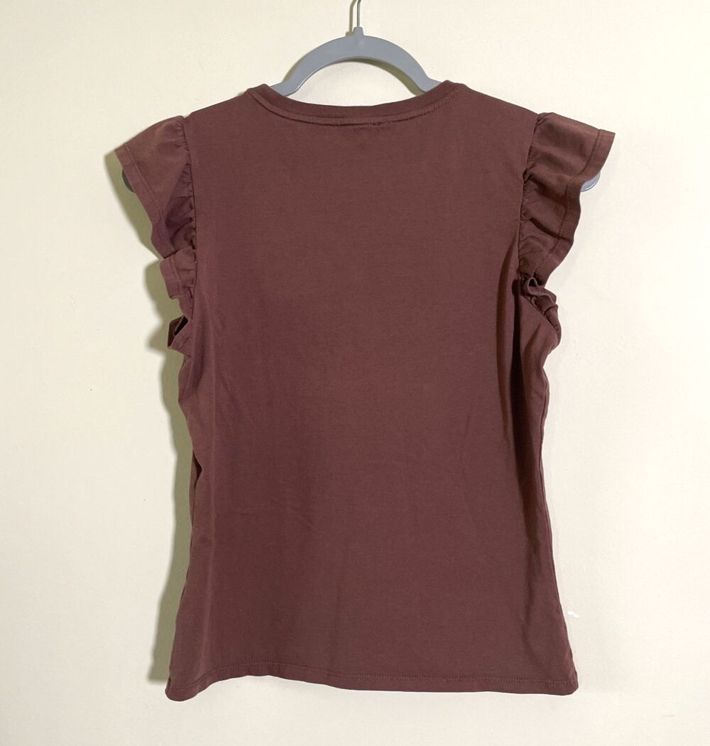 Paige Women's Erissa Ruffle Sleeve Tee Sz Small Mocha Brown Cotton Casual Office - Picture 4 of 9